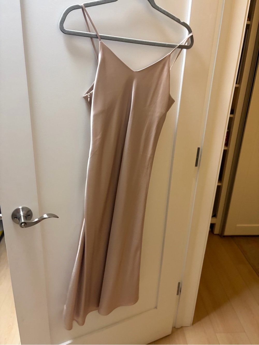 Nude Satin Slip Midi Dress with Spaghetti Straps